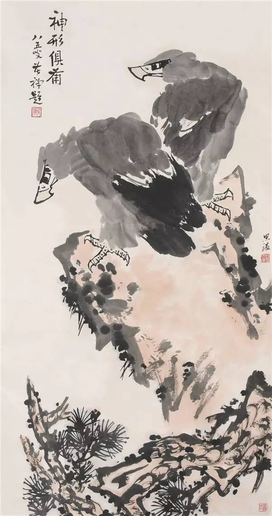 a81983年著名国画大师李苦禅先生为弟子赵思温作品 题款"神形兼备“